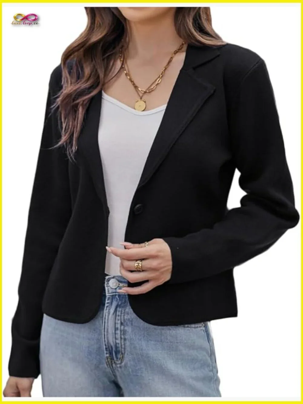Cropped Knit Blazer Jacket Lightweight Button Front Casual Work Chic
